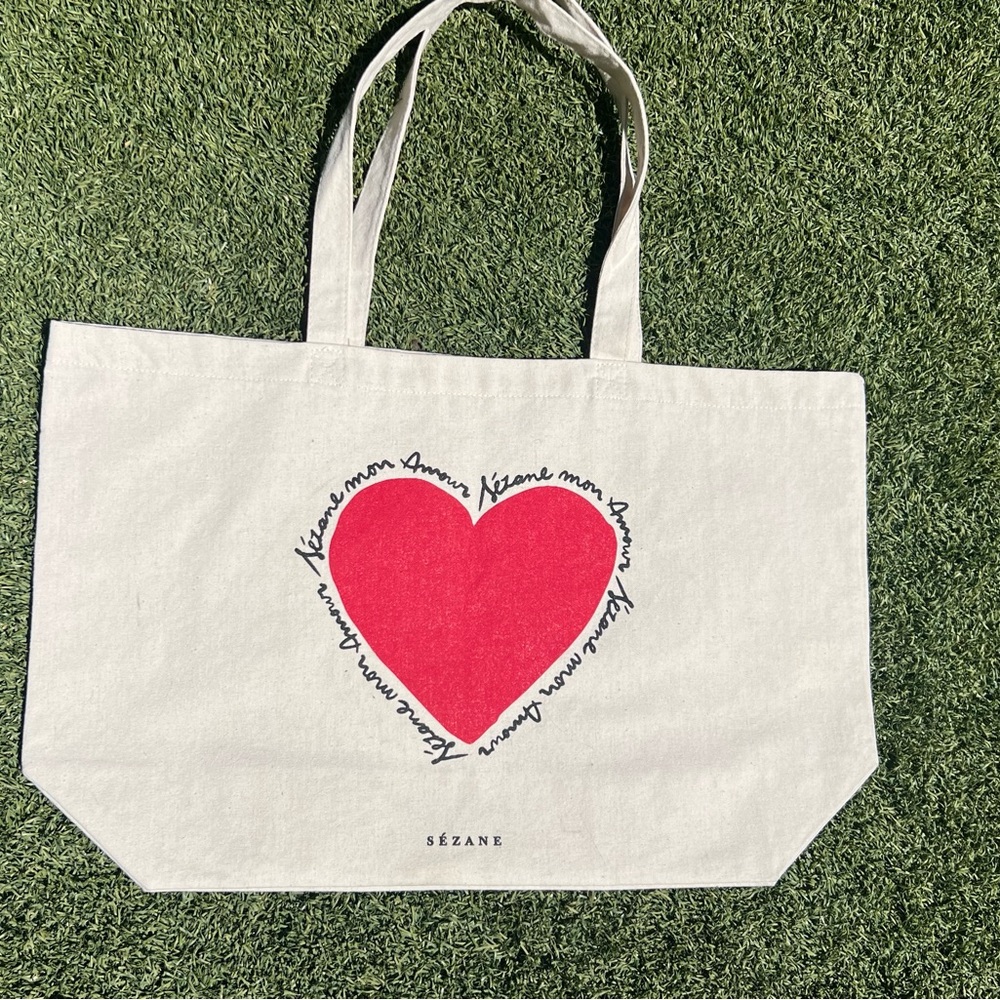 Sézane Cream Canvas Tote with Red Heart Motif